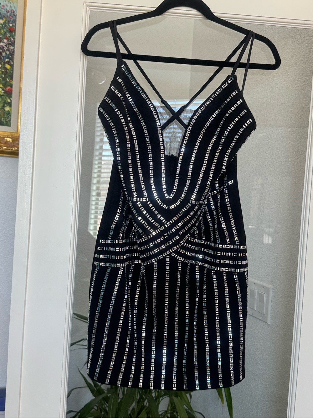 Banjul Black Mini Dress with Silver Sequin Stripes and Deep Mesh Neckline